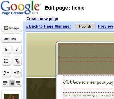 Интерфейс редактора страниц Google Page Creator